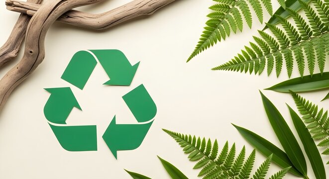 Green Recycling Symbol Surrounded by Natural Elements and Driftwood