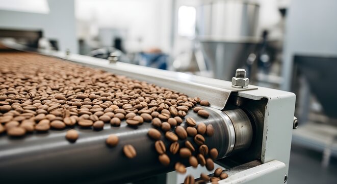 Roasted Coffee Beans Traveling on a Conveyor Belt in a Factory