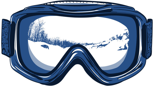 Illustration of blue ski goggles with a snowy scene reflected in the lens