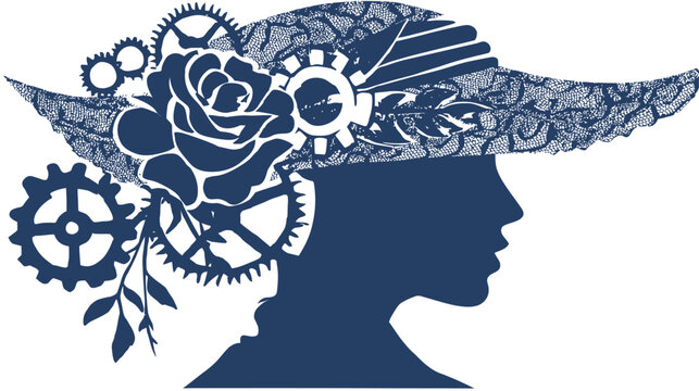 A woman's silhouette in profile wearing a detailed hat decorated with gears and a rose