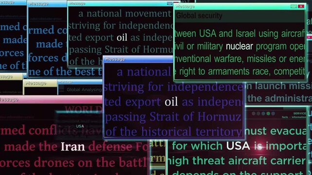 Iran Israel USA war conflict pop up windows on computer screen. Abstract concept of news titles across social media. Seamless and looped.