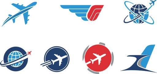 Aviation and air travel vector illustrations featuring airplanes, flight logos, wings, and global flight routes for airline, aviation, and travel-related projects. © Sagor