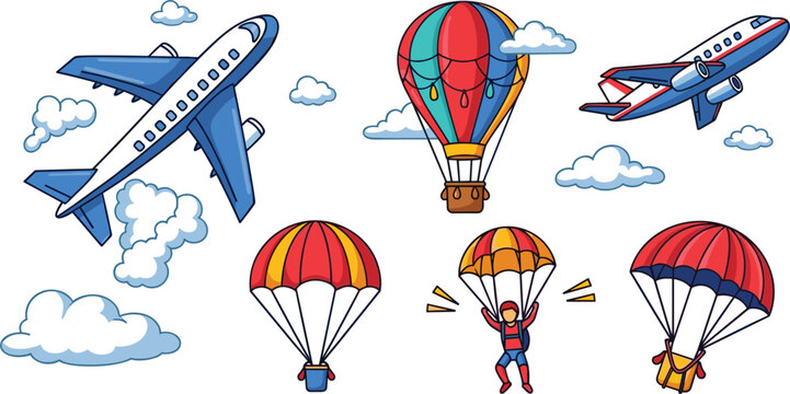 Aviation-themed vector illustrations featuring airplanes, hot air balloons, and parachuting for adventure, travel, and flying-themed projects.