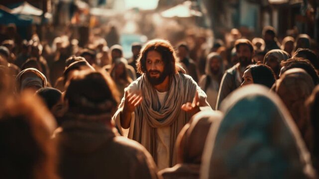 Jesus teaches in a busy marketplace surrounded by people in ancient times