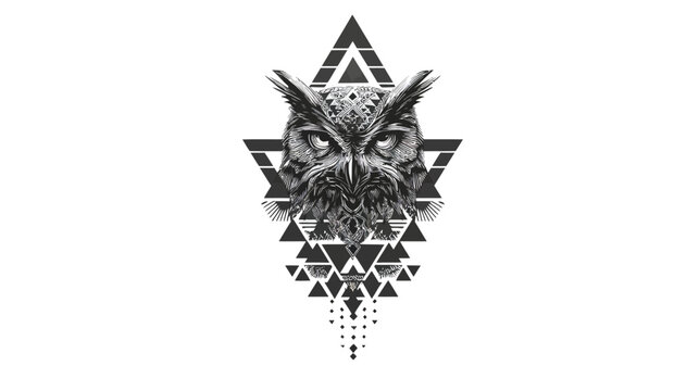 A detailed illustration of an owl within a geometric triangular pattern on a stark white background