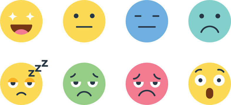 Emotion emoji vector icons featuring happy neutral sad sleepy surprised and tired faces for mood reaction expression and communication design.