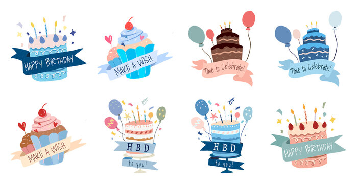 Colorful birthday cake illustrations element set