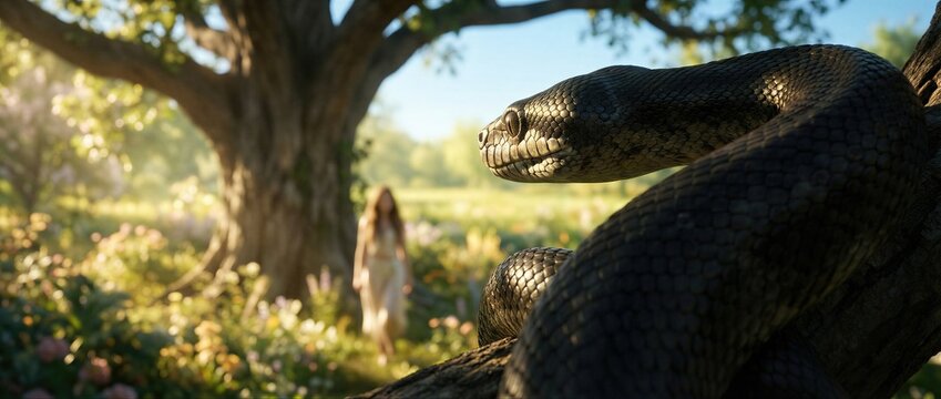 Snake watching a woman in the garden of Eden. Reptile coiled on a tree branch observes a girl in a lush meadow. Biblical temptation of Eve, paradise landscape, religious story. Banner with copy space