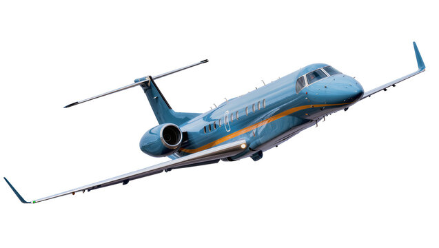 Sleek blue and orange private business jet in dynamic flight, isolated on transparent background, luxury air travel PNG for aviation concepts