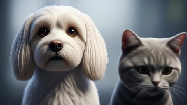 Close-up Portrait of a Fluffy White Dog and a Gray Tabby Cat Side-by-Side.