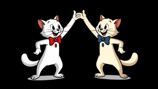 Two cartoon cats, one white and one cream, wearing bow ties, happily high-fiving each other on a black background.