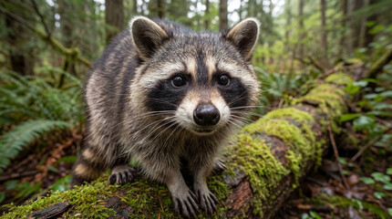 Obraz premium Curious Raccoon on Mossy Log in Lush Forest Wild Nature Encounter.