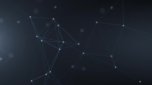 Abstract digital network of connected dots and lines forming a geometric structure on a dark background. Futuristic technology visualization representing data exchange, communication systems, and glob