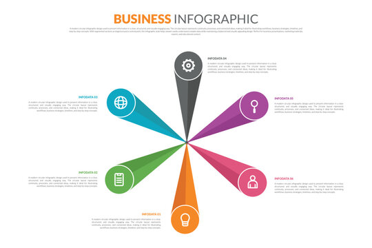Modern Business Circle Infographic Template with 6 Steps, Colorful Radial Process Diagram for Workflow, Strategy, Presentation and Data Visualization