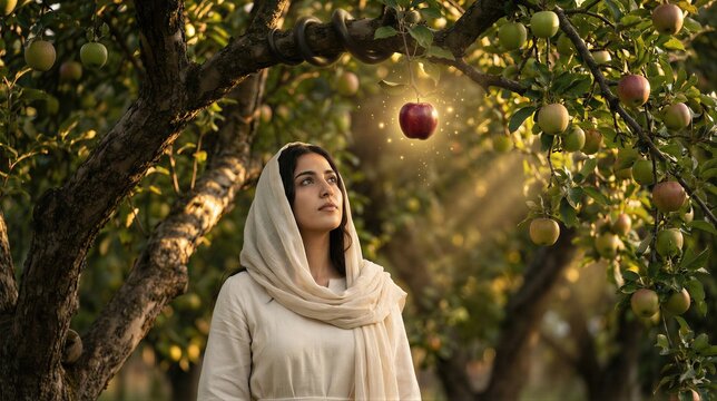 Woman standing under tree in garden of Eden looking at forbidden fruit. Eve gazing at glowing red apple with serpent coiled on branch. Biblical story of creation and human temptation.