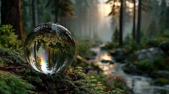 Transparent water sphere over misty evergreen forest images