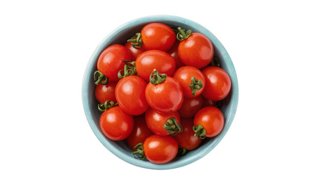 Fresh vibrant red cherry tomatoes with green stems, perfectly arranged in a light blue bowl, isolated PNG on transparent background