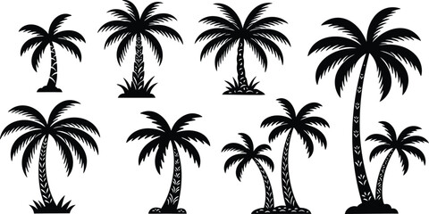 Fototapeta premium Nine different palm tree silhouettes against a white background various tropical plants