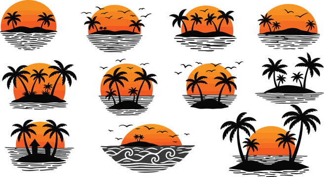 Tropical island palm tree silhouettes at sunset on water with various wave patterns and island shapes in orange and black