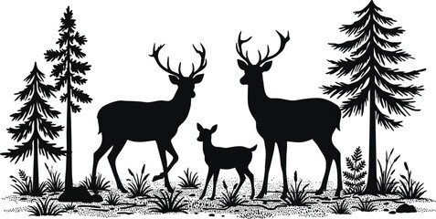 Naklejka premium Black silhouette of deer family with trees in forest landscape