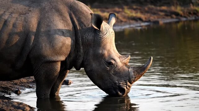 A magnificent white rhinoceros takes a refreshing drink from a tranquil watering hole in the golden light of late afternoon.