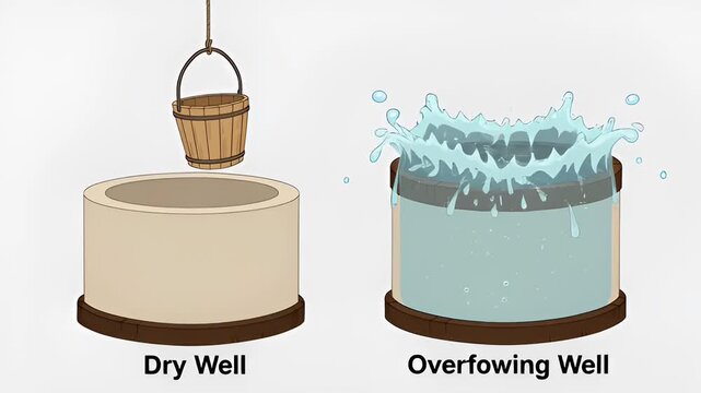 Illustration of dry well with bucket above and overflowing well with water splashing, showing the contrast between empty and full water sources in a simple visual format