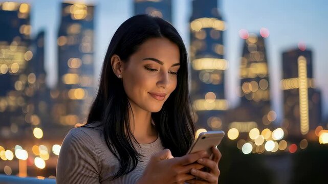 Woman looking at cityscape then smiling while scrolling phone, urban modern technology and digital connection concept
