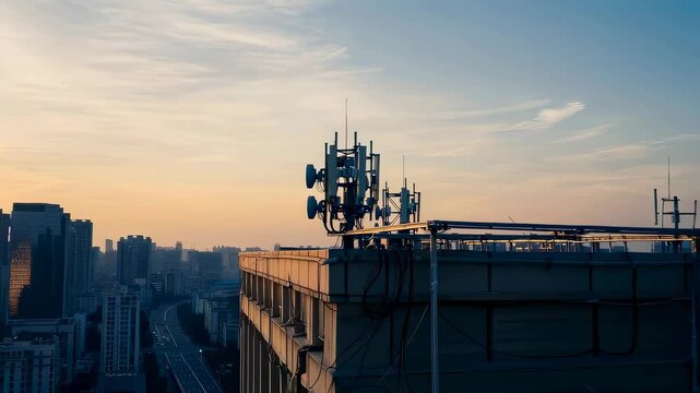 Modern communication towers on city rooftop at sunset generating new quantum technology network connectivity.
