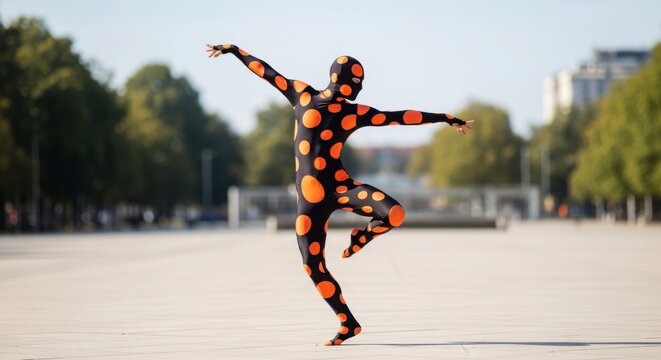 Dynamic Polka Dot Figure in a Graceful Dance Pose on a Sunlit Urban Esplanade.