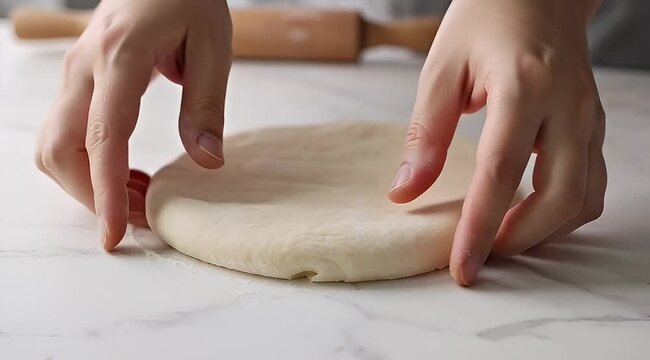 Hands carefully stretching out a circular piece of dough on a marble surface