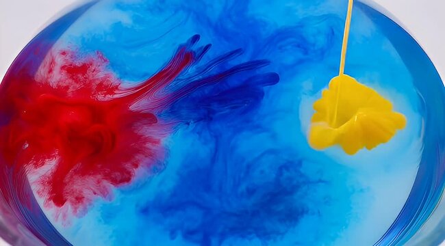 Abstract composition of colored liquid mixing in a glass container, high angle view