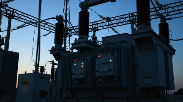 Large power transformers and a complex network of electrical lines stand tall at an active energy substation under a clear twilight sky.