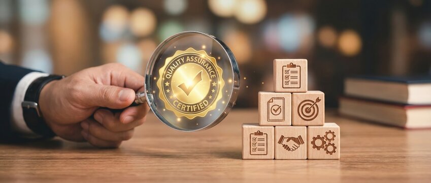 Quality assurance certification process in business environment with magnifying glass over golden badge and wooden blocks on table