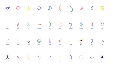 Colorful abstract geometric icon set representing diverse universal concepts and ideas. © adobestockimagesai