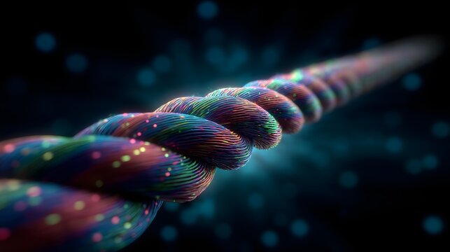 Conceptual render of glowing multicolored braided network cable transmitting binary data