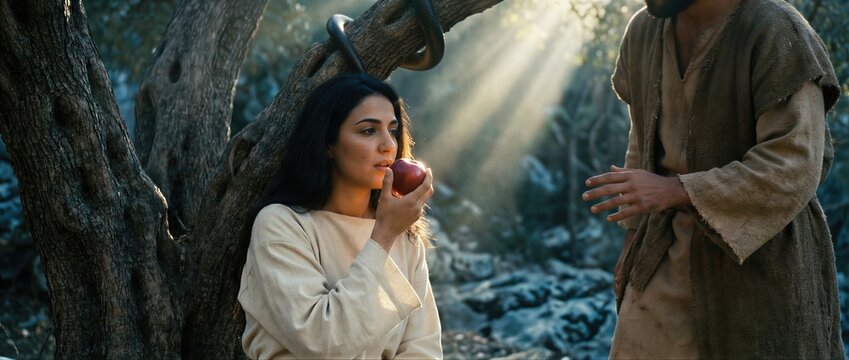 Eve holding a red apple with Adam in the Garden of Eden. Biblical scene of the temptation and original sin from Genesis. representation of the fall of man in paradise nature. Banner with copy space