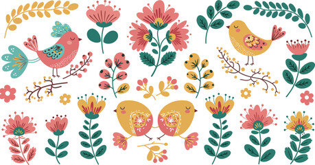 Obraz premium Vibrant floral pattern with birds and flowers in pastel colors on white background