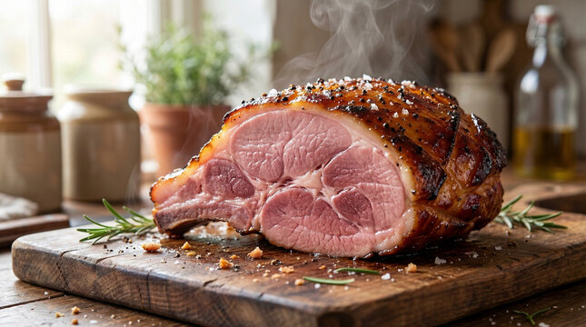 A steaming, freshly roasted ham with a caramelized glazed crust rests on a rustic wooden cutting board, garnished with rosemary and coarse salt in a cozy, sunlit kitchen.