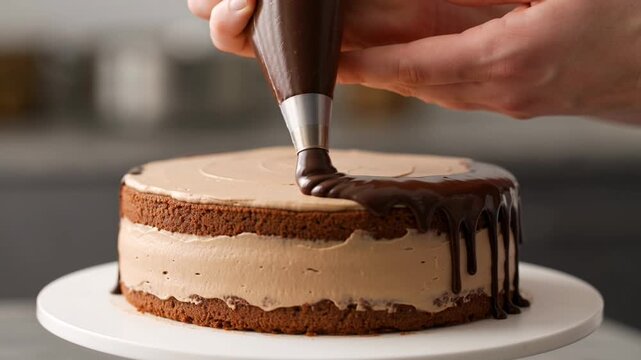 Chocolate layer cake being decorated with chocolate ganache drips using piping bag