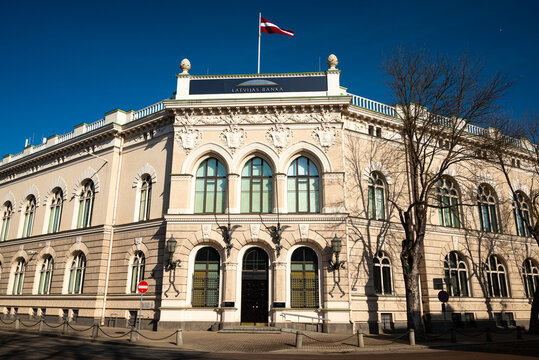 Riga, Latvia - March 14, 2026: Bank of Latvia (Latvijas Banka) building facade
