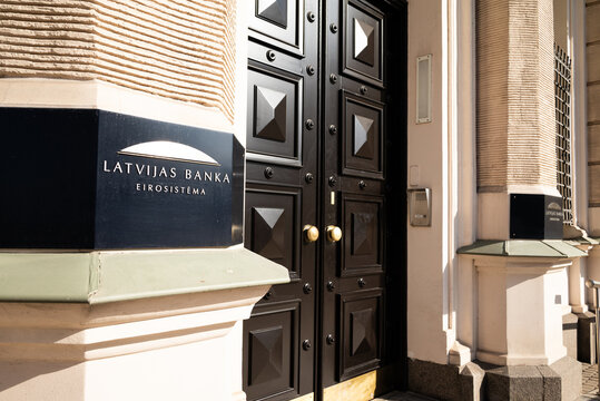 Riga, Latvia - March 14, 2026: Bank of Latvia (Latvijas Banka) building facade close up entrance