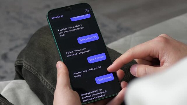 Person planning a luxury trip using an AI travel guide on a smartphone. Smart chatbot generates a personalized 5-star itinerary for a tropical holiday. Concept of future digital tourism and innovative
