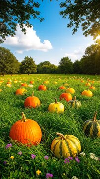 pumpkins in a green field outdoors.