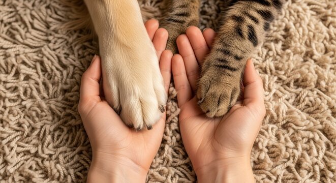 Hands holding dog and cat paws.