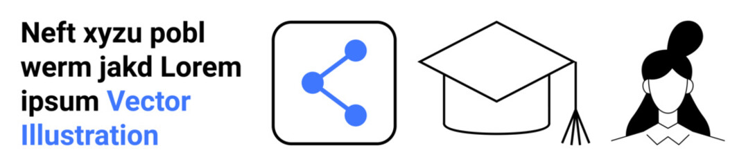 Education, social media, communication, network sharing, learning goals, academic achievement. Simple icons include a share icon, graduation cap and a female silhouette. Education and social media