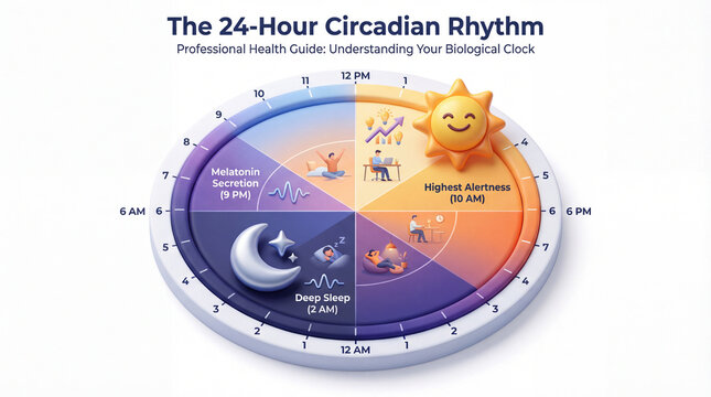 Circadian rhythm guide maps daily energy. Circadian rhythm infographic shows alertness, melatonin release, deep sleep across twenty four hours for wellness education, sleep coaching, health content