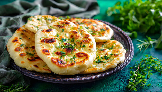 Indian naan flatbreads displayed on a ceramic plate on a vibrant green background