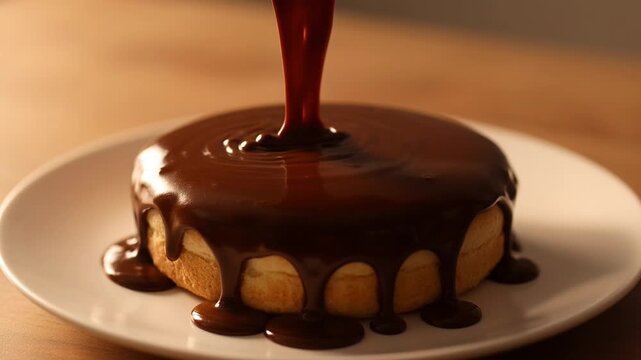 Delicious chocolate fudge being poured generously over a scrumptious homemade cake