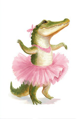 Fototapeta premium Crocodile dressed in a pink tutu performing a dance on a white background