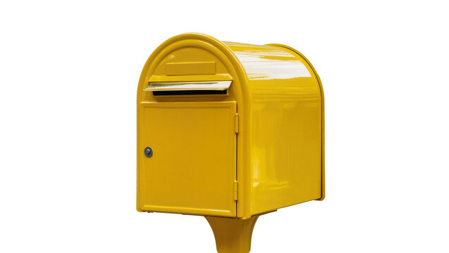 Bright yellow classic metal mailbox for sending letters and parcels, isolated on transparent background, communication symbol PNG